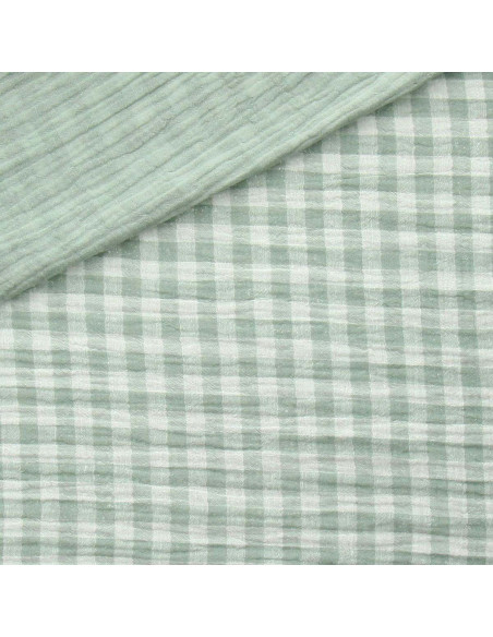 Tecido de gaze dupla plissada xadrez - Verde acinzentado e branco sujo