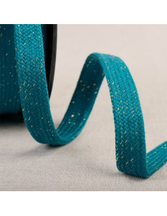 Cordão trançado plano lurex - Azul petróleo e dourado