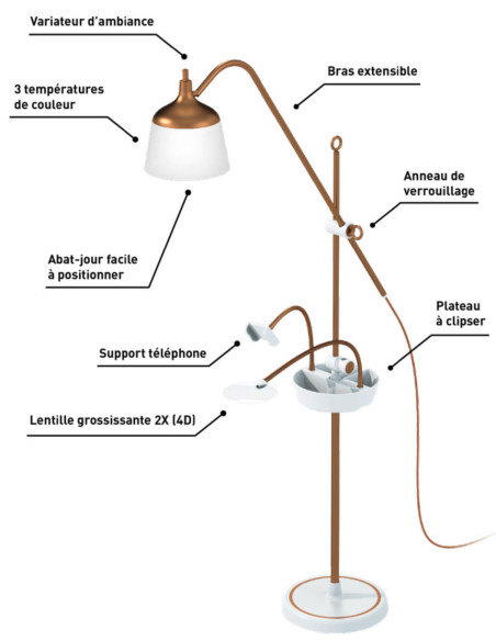 Lâmpada de pé com lupa, bandeja e suporte para telefone Daylight Anita