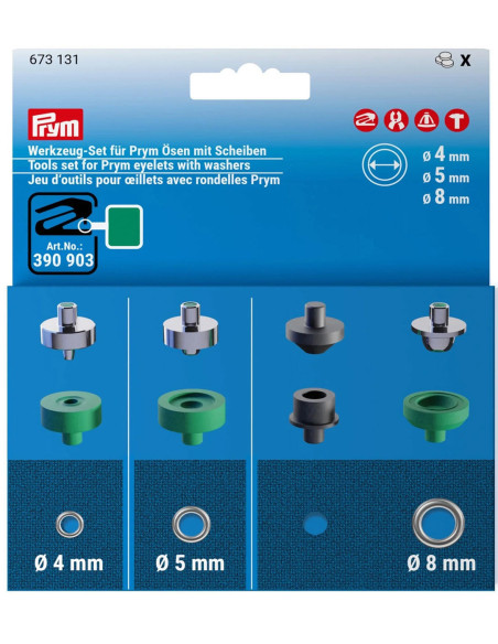 Conjunto de ferramentas para ilhós com arruelas de 4, 5 e 8 mm