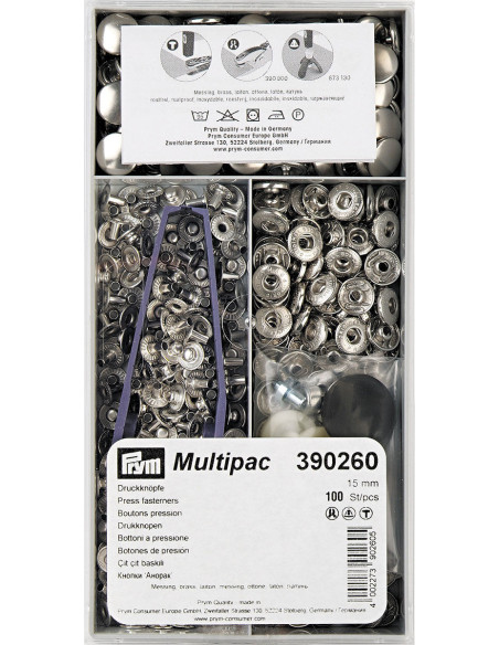 Multipac de 100 botões de pressão Anorak - Prata 15 mm