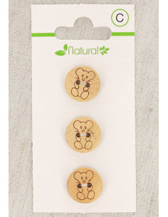 Cartão de 3 botões em madeira natural 14 mm 2 furos - Rato