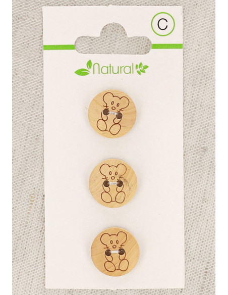 Cartão de 3 botões em madeira natural 14 mm 2 furos - Rato