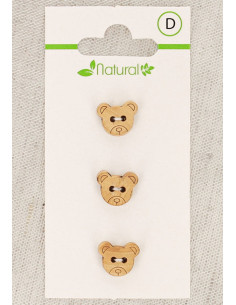 Cartão de 3 botões de madeira natural 11 mm 2 furos - Cabeça de urso