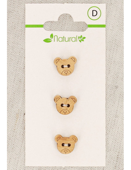 Cartão de 3 botões de madeira natural 11 mm 2 furos - Cabeça de urso