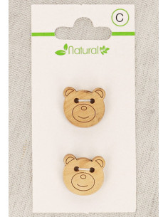 Botão de madeira natural com 2 furos de 18 mm - Cabeça de urso