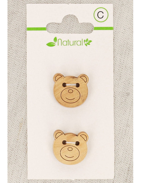 Botão de madeira natural com 2 furos de 18 mm - Cabeça de urso