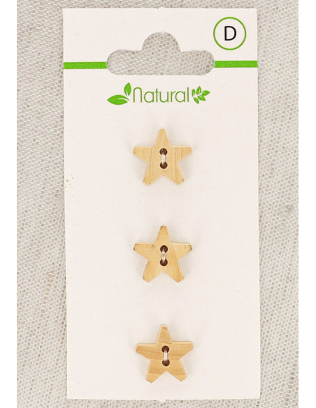 Cartão de 3 botões em madeira natural 12 mm 2 furos - Estrelas