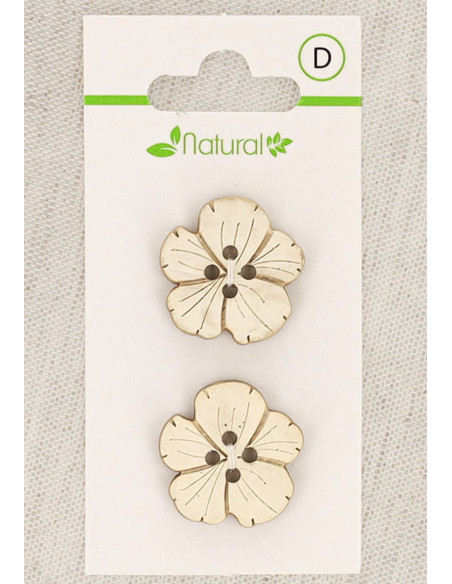 Botão de madeira natural com 2 unidades, 21 mm, 4 furos - Flores