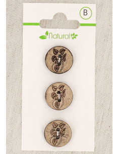 Cartão de 3 botões em madeira natural 15 mm 2 furos - Folhas