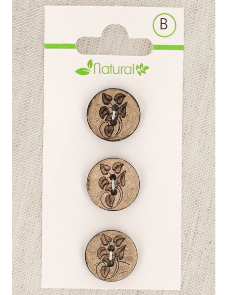 Cartão de 3 botões em madeira natural 15 mm 2 furos - Folhas