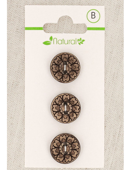Cartão de 3 botões em madeira natural 15 mm 2 furos - Arabescos