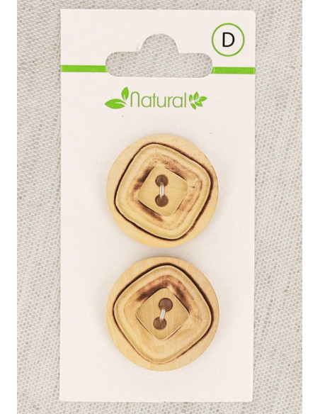 Cartão de 2 botões em madeira natural 23 mm 2 furos - Quadrados