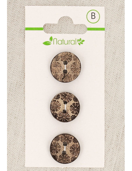 Cartão de 3 botões em madeira natural 15 mm 2 furos - Fantasia