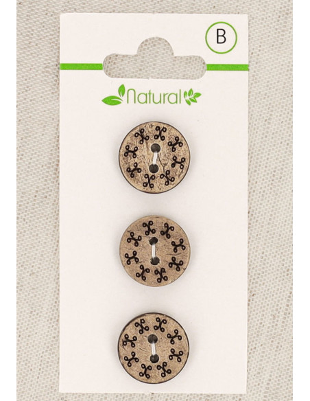 Cartão de 3 botões em madeira natural 15 mm 2 furos - Redondos