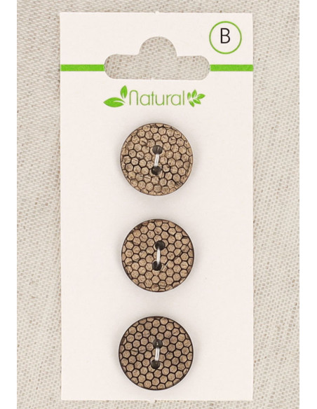 Cartão de 3 botões de madeira natural 15 mm 2 furos - Favo de mel