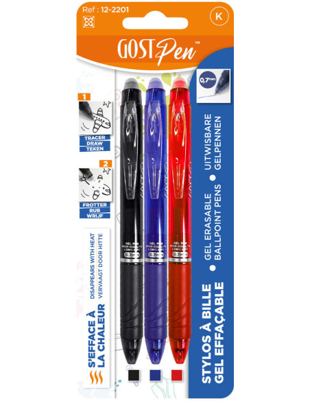 Conjunto de 3 canetas esferográficas apagáveis a calor - Preto, vermelho e azul-marinho