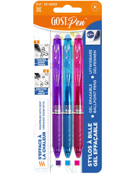 Conjunto de 3 canetas esferográficas apagáveis a calor - Violeta, turquesa, fúcsia