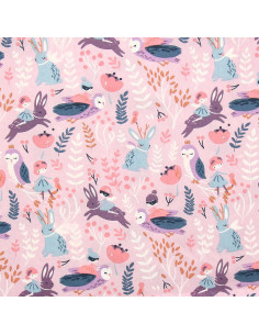 Tecido popeline de algodão - Fadas da floresta roxo e rosa 2