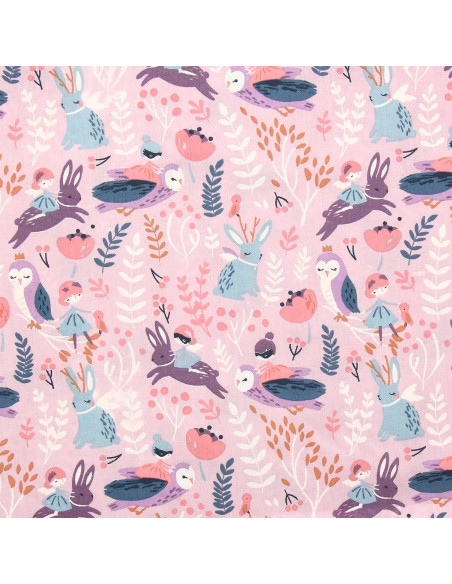 Tecido popeline de algodão - Fadas da floresta roxo e rosa