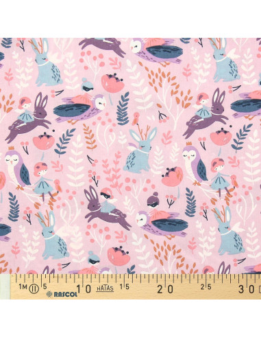 Tecido popeline de algodão - Fadas da floresta roxo e rosa