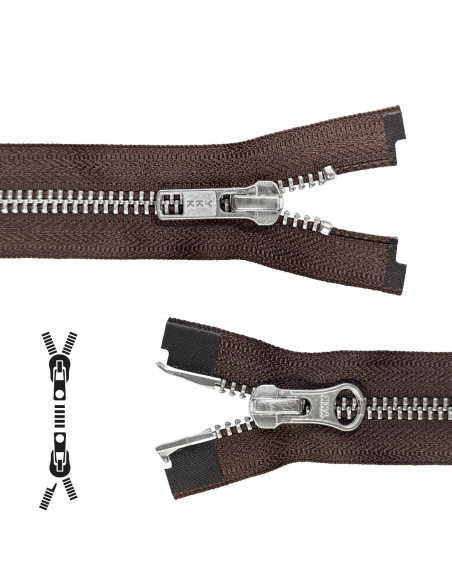 Fecho de correr separável de metal 80 cm - Castanho malha prateada