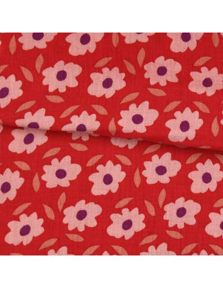 Tecido gaze dupla estampado - Floli vermelho e roxo