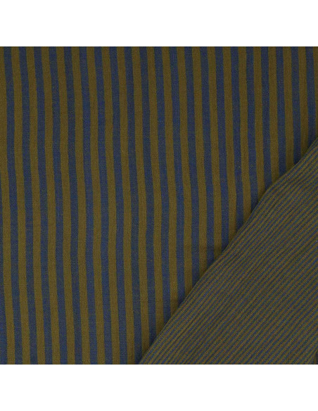 Tecido de gaze dupla frisada com riscas - Bronze e cobalto