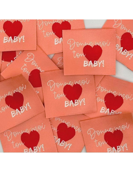 Conjunto de 5 etiquetas tecidas para costurar Dá-me o teu coração baby