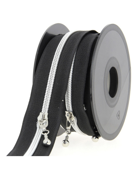 Rolo de 5 metros de fecho de nylon 5 mm com cursores redondos - Preto e prata