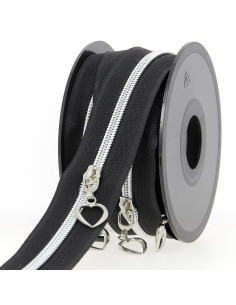 Rolo de 5 metros de fecho de nylon 5 mm com puxadores em forma de coração - Preto e prata