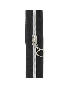 Rolo de 5 metros de fecho de nylon 5 mm com puxadores em forma de coração - Preto e prata 2