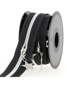 Rolo de 5 metros de fecho de nylon 5 mm com puxadores de estrelas - Preto e prata