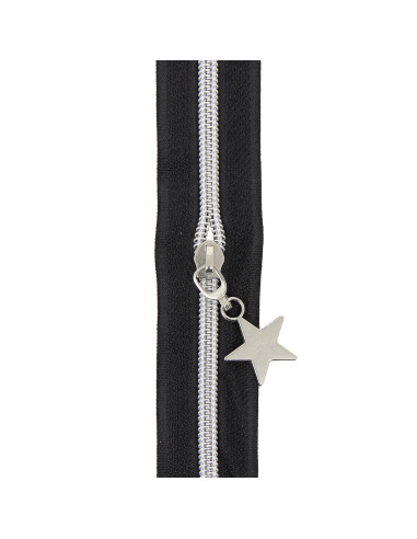 Rolo de 5 metros de fecho de nylon 5 mm com puxadores de estrelas - Preto e prata