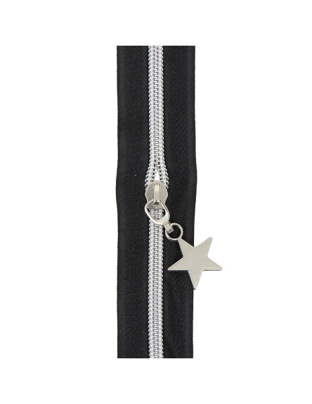 Rolo de 5 metros de fecho de nylon 5 mm com puxadores de estrelas - Preto e prata