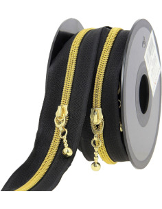 Rolo de 5 metros de fecho de nylon 5 mm com puxadores redondos - Preto e dourado