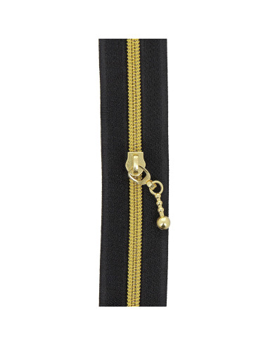 Rolo de 5 metros de fecho de nylon 5 mm com puxadores redondos - Preto e dourado