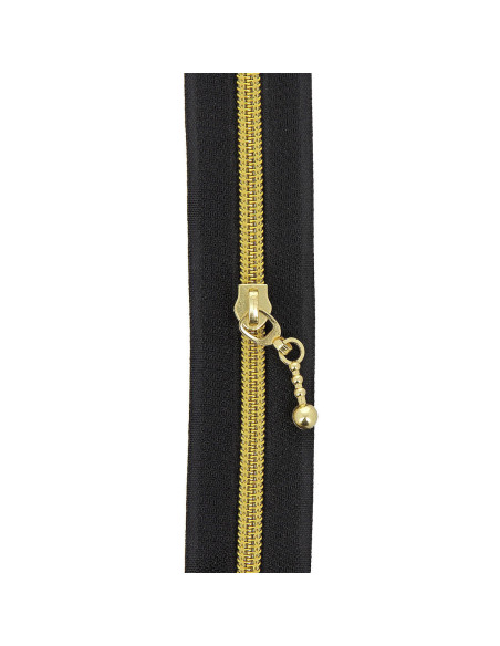 Rolo de 5 metros de fecho de nylon 5 mm com puxadores redondos - Preto e dourado
