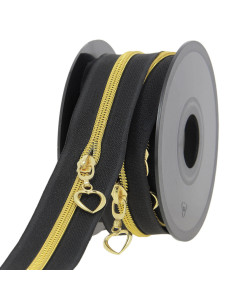 Rolo de 5 metros de fecho de nylon 5 mm com puxadores em forma de coração - Preto e dourado