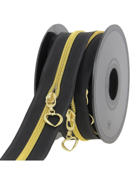 Rolo de 5 metros de fecho de nylon 5 mm com puxadores em forma de coração - Preto e dourado