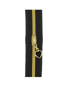 Rolo de 5 metros de fecho de nylon 5 mm com puxadores em forma de coração - Preto e dourado 2
