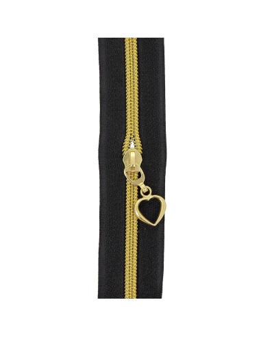 Rolo de 5 metros de fecho de nylon 5 mm com puxadores em forma de coração - Preto e dourado