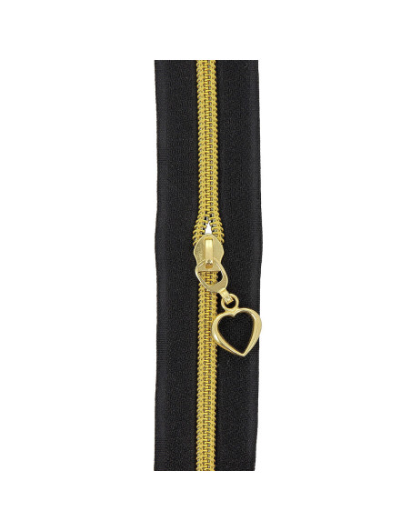 Rolo de 5 metros de fecho de nylon 5 mm com puxadores em forma de coração - Preto e dourado
