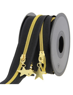 Rolo de 5 metros de fecho de nylon 5 mm com puxadores de estrelas - Preto e dourado