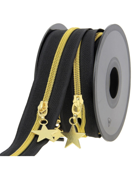 Rolo de 5 metros de fecho de nylon 5 mm com puxadores de estrelas - Preto e dourado