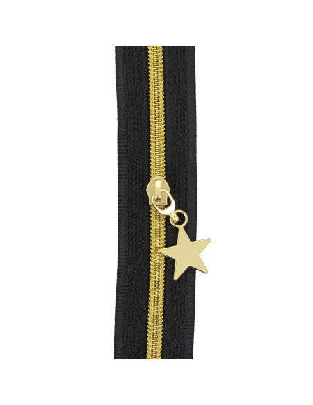 Rolo de 5 metros de fecho de nylon 5 mm com puxadores de estrelas - Preto e dourado