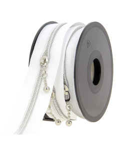 Rolo de 5 metros de fecho de nylon 5 mm com puxadores redondos - Branco e prata