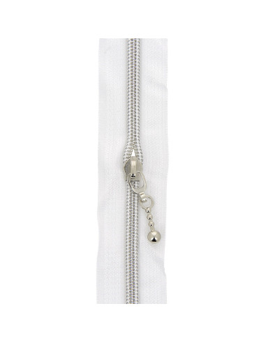 Rolo de 5 metros de fecho de nylon 5 mm com puxadores redondos - Branco e prata