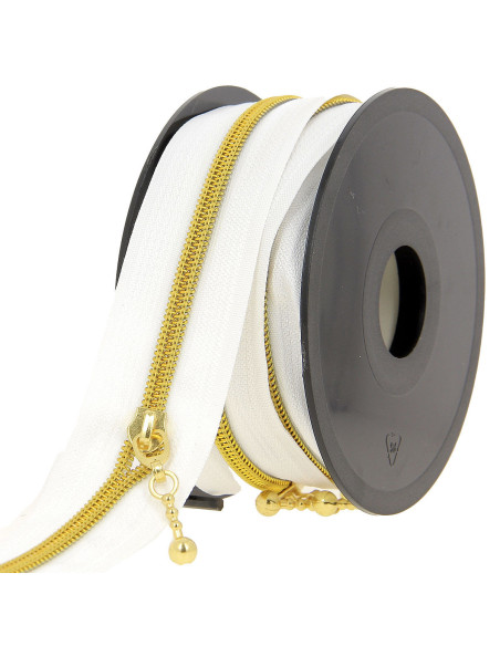 Rolo de 5 metros de fecho de nylon 5 mm com puxadores redondos - Branco e dourado