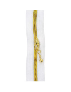 Rolo de 5 metros de fecho de nylon 5 mm com puxadores redondos - Branco e dourado 2